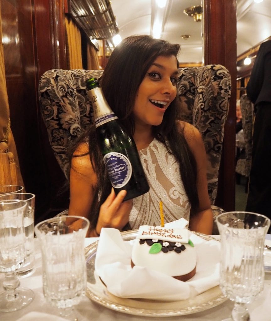 Laurent perrier Bonnie Rakhit birthday on the Belmond train