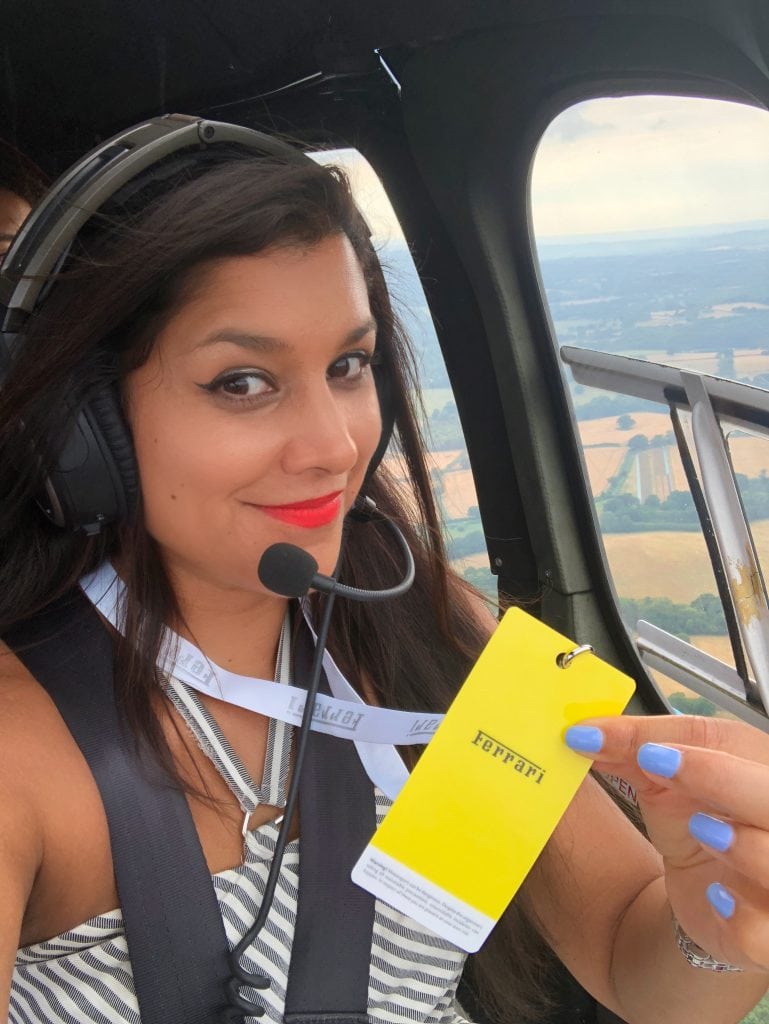 Bonnie Rakhit helicopter ride to Goodwood with Ferrari sports cars vip pass