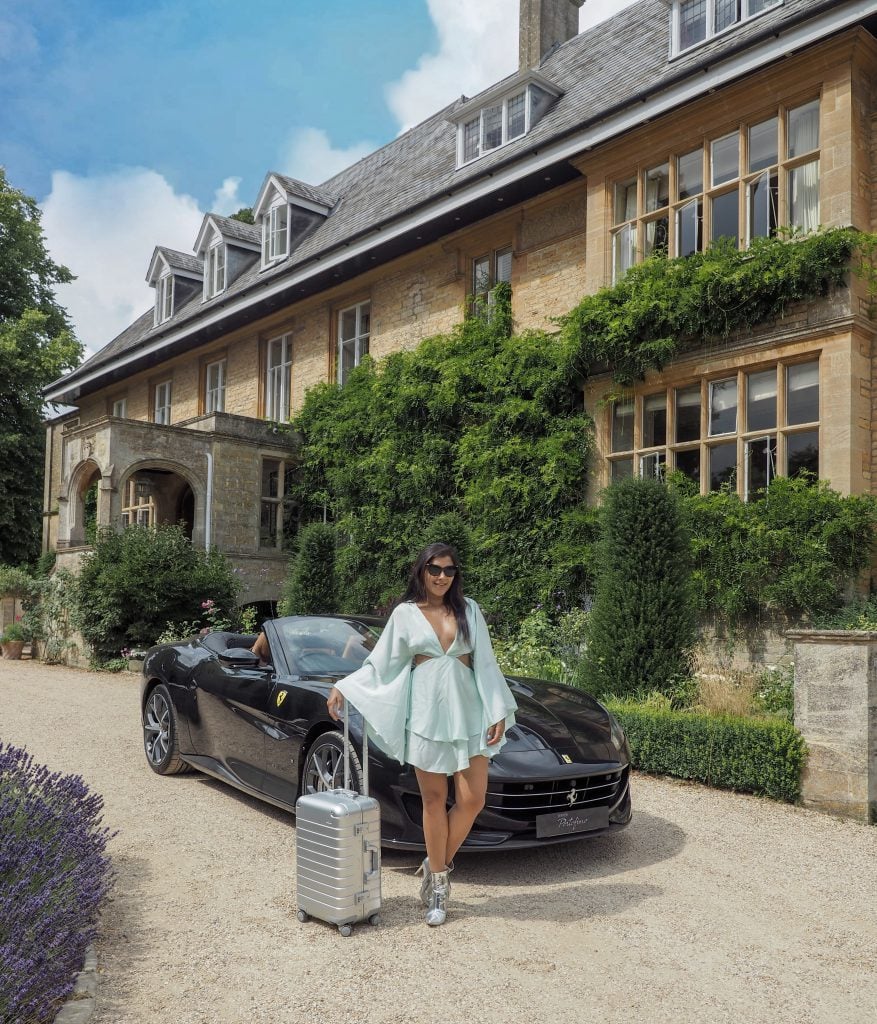 Ferrari sports cars girls weekend road trip Slaughter manor house lunch away luggage revolve dress