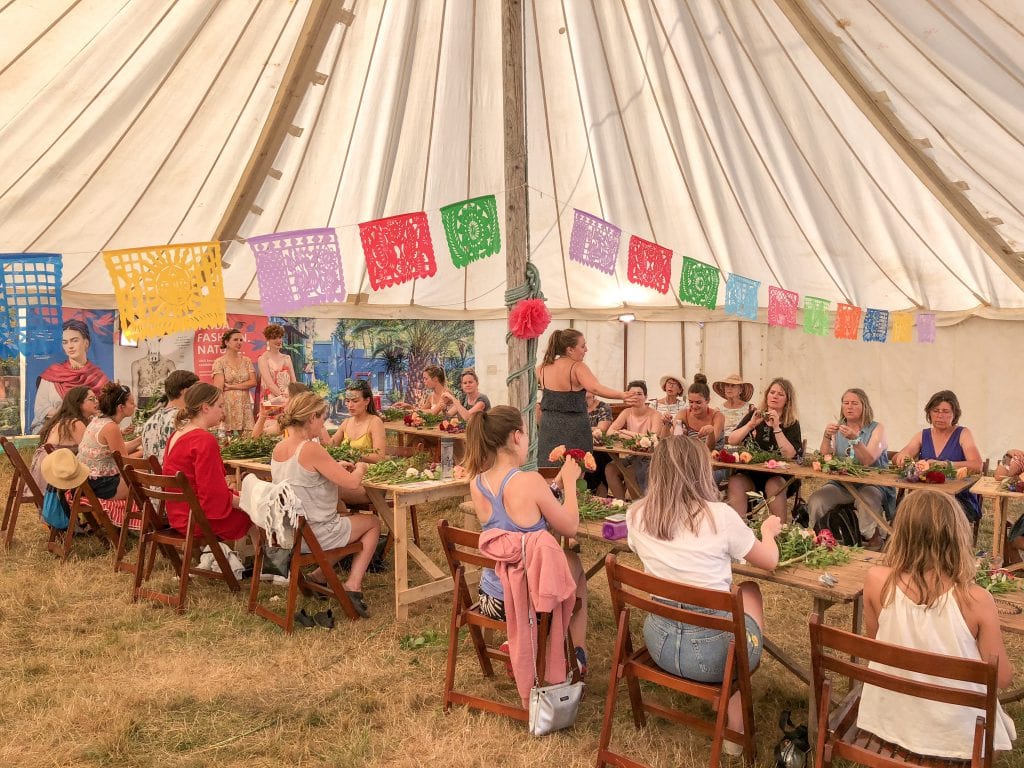 Making Festival Flower Crowns with Bloom & Wild Bonnie Rakhit art studio tent 