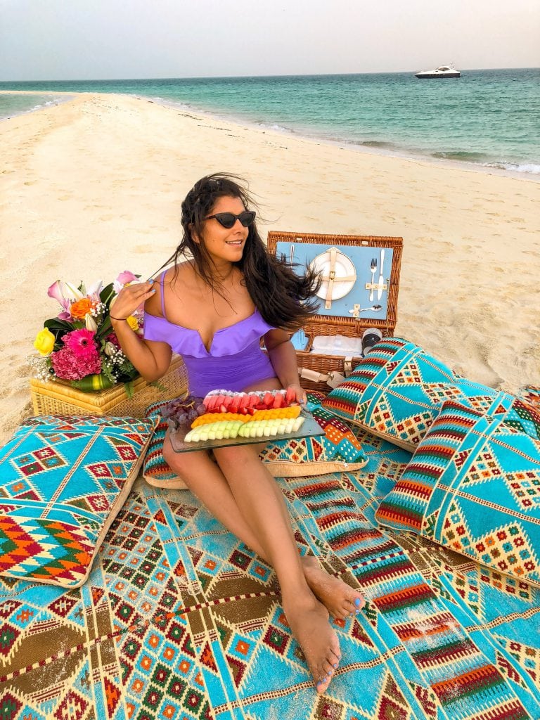 Bonnie Rakhit ritz carlton bahrain boat trip, secluded beach picnic what to do in bahrain