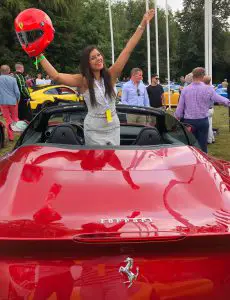 Bonnie Rakhit Goodwood festival of speed with Ferrari sports cars vip pass female racing Portofino