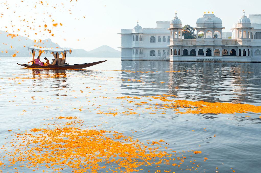 Taj lake palace water view lake boat arrival