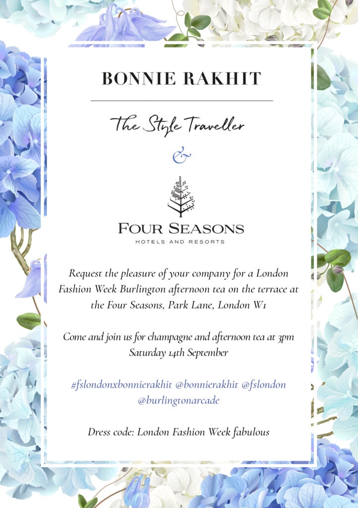 Four Seasons London X Bonnie Rakhit Fashion Week Afternoon Tea invitation