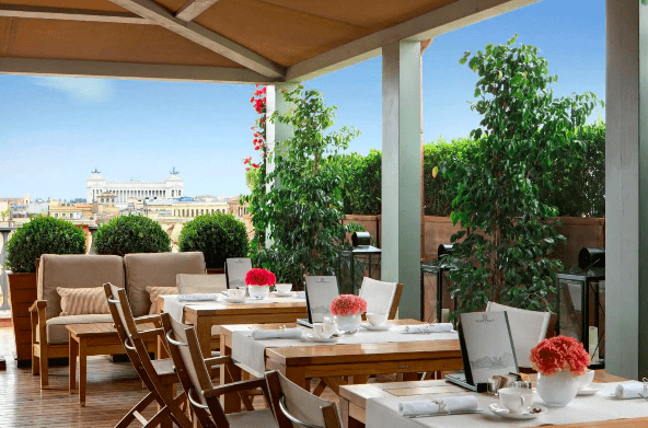 Sweeping views of Rome's beloved sites from the hotels rooftop restaurant