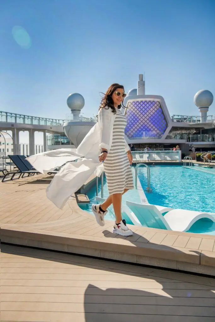 Bonnie Rakhit wears summersault clothing on Celebrity cruises