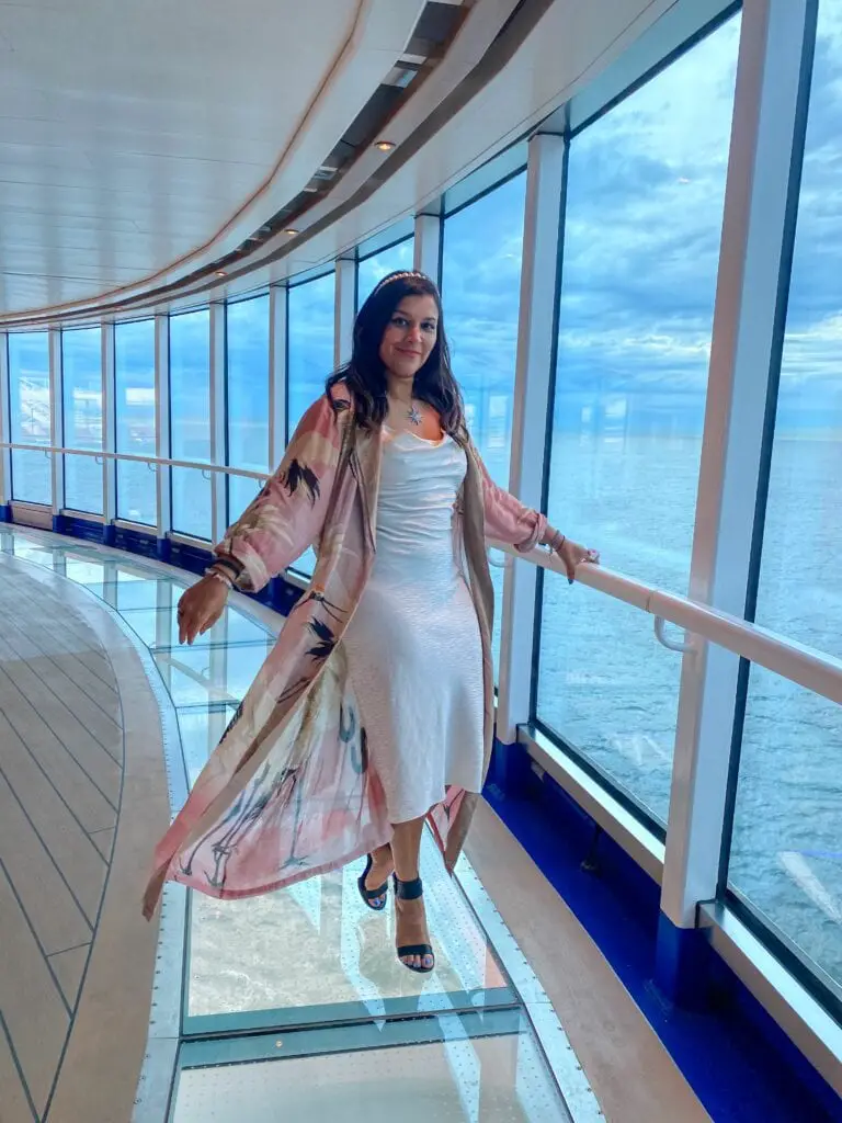 Bonnie Rakhit on the sea scape walk way on the Enchanted Princess Cruise