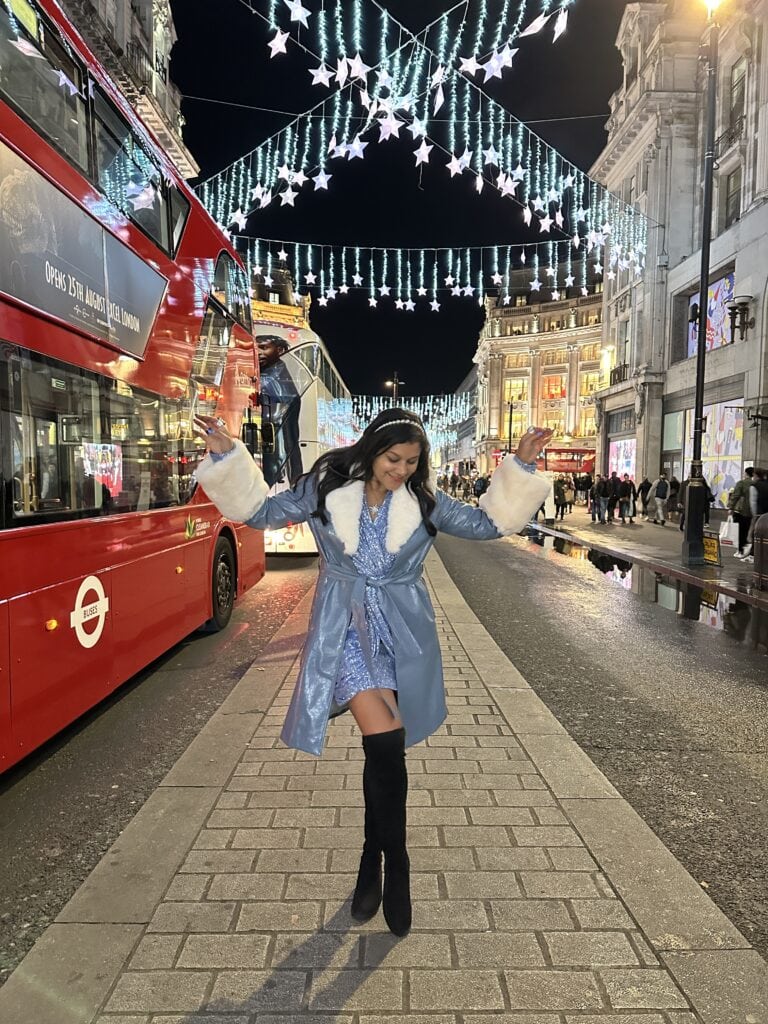 Oxford Circus Christmas lights London Bonnie Rakhit red bus