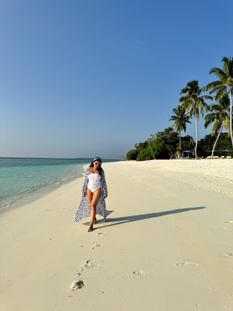 Bonnie Rakhit at Ifuru Island Maldives newest resort wearing Alexandra Miro