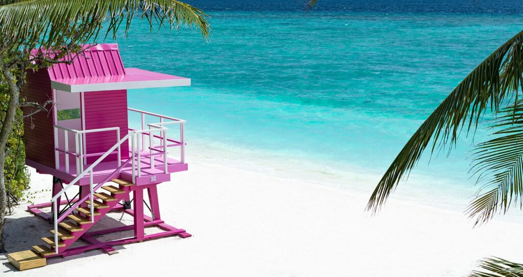 Pink beach house cabin Ifuru Island maldives